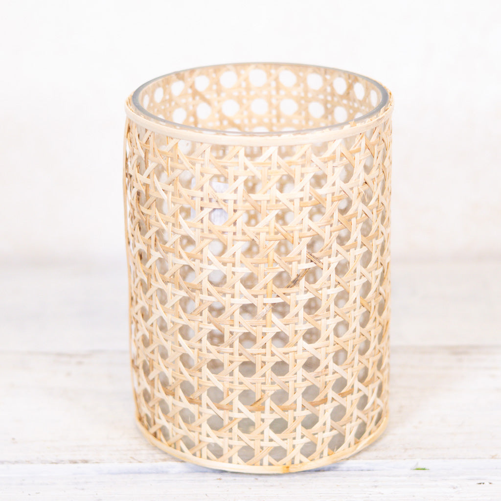 Cane Webbing and Glass Votive Tall