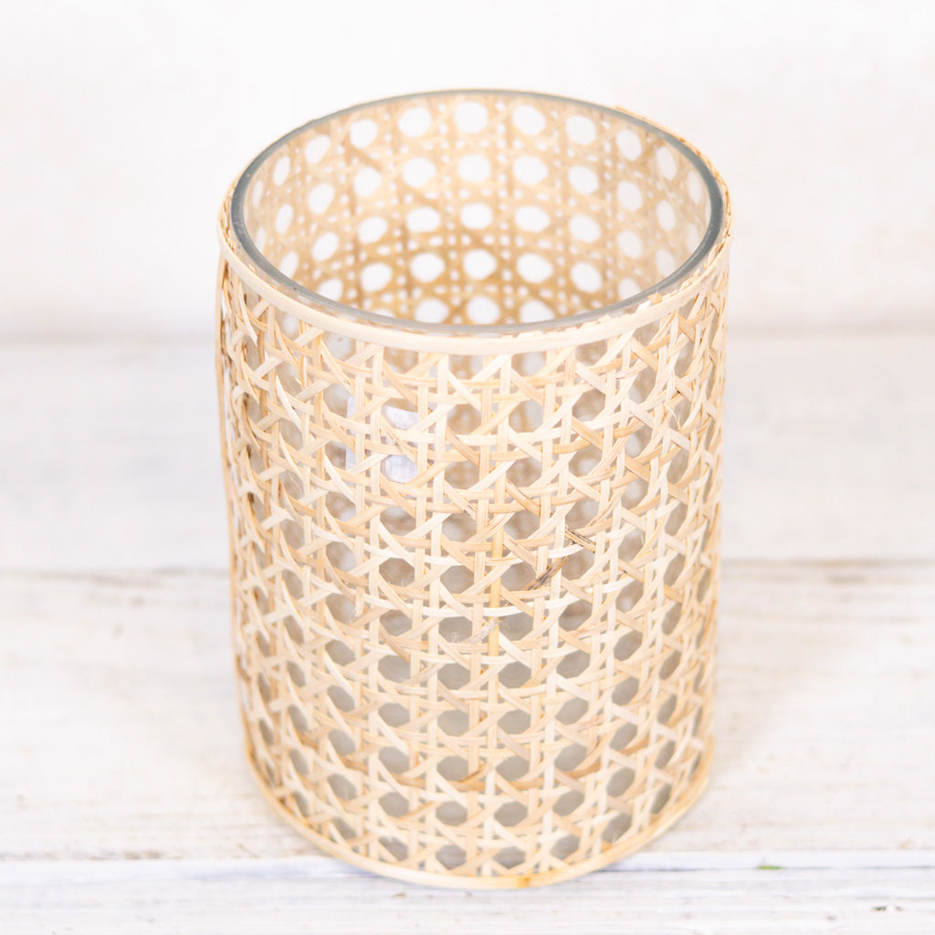 Cane Webbing and Glass Votive Tall