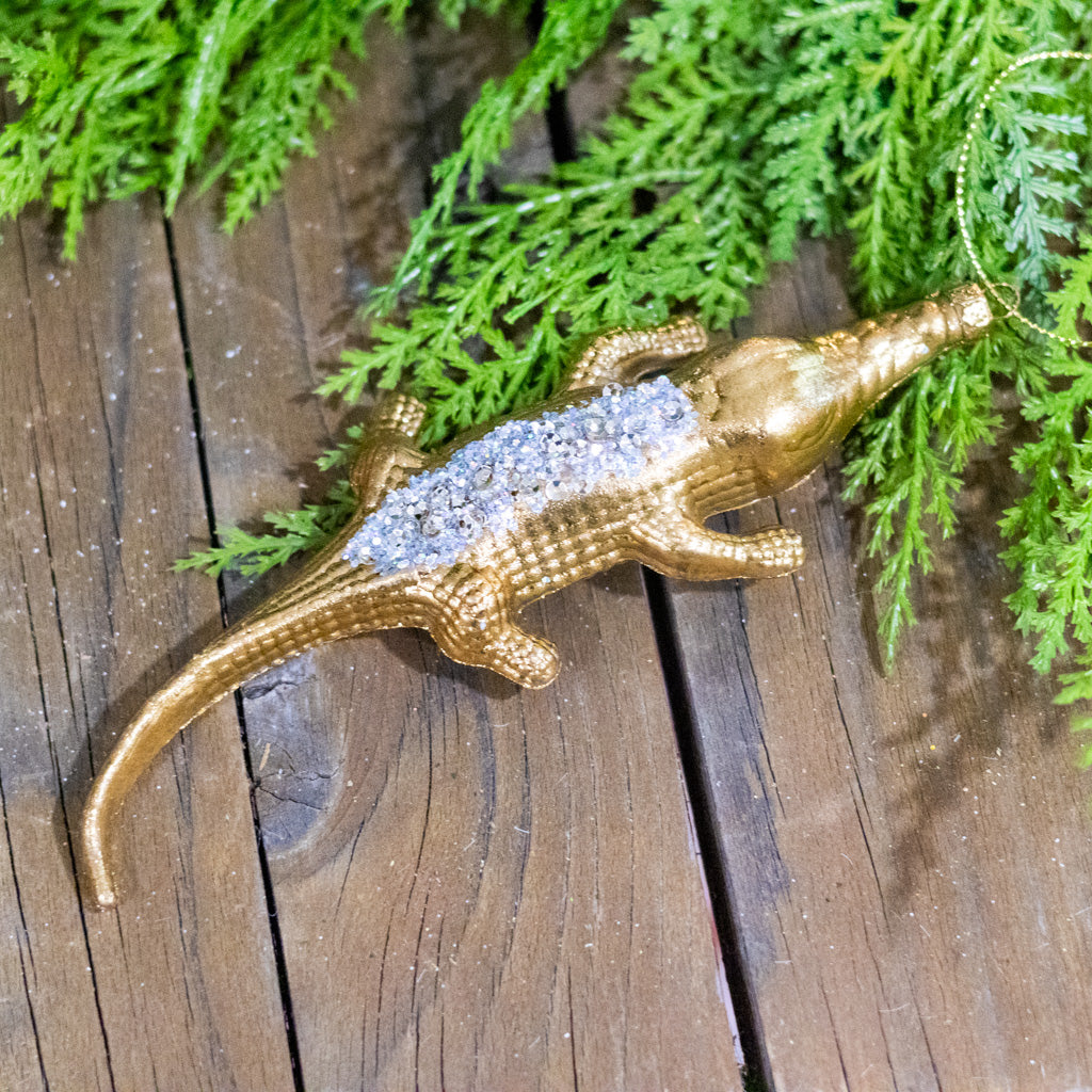 Glass Gold Crocodile with Beaded Back Ornament