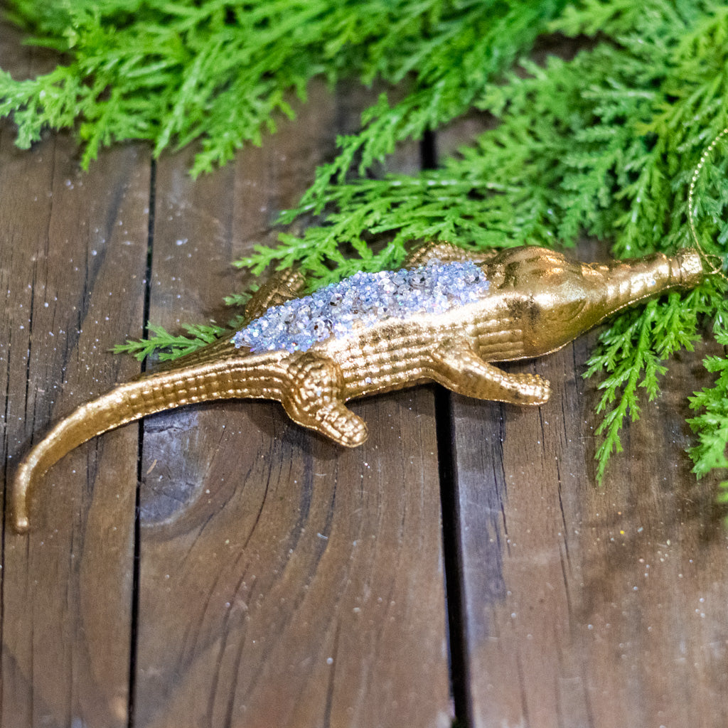 Glass Gold Crocodile with Beaded Back Ornament