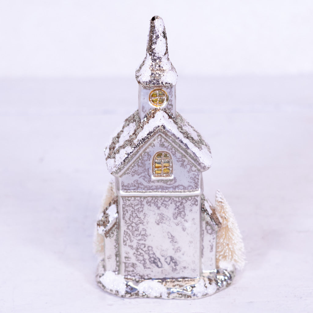 Single Door Glittered LED Silver Mercury Glass House