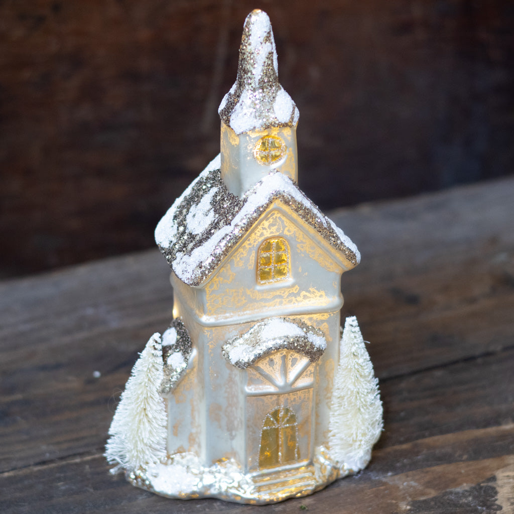 Single Door Glittered LED Silver Mercury Glass House
