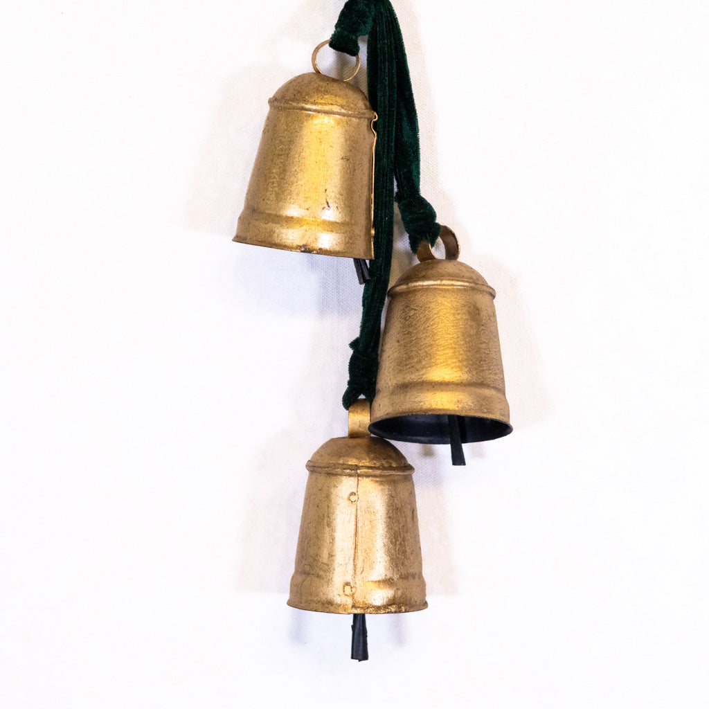 Three Gold Hanging Bells on Green Velvet Ribbon