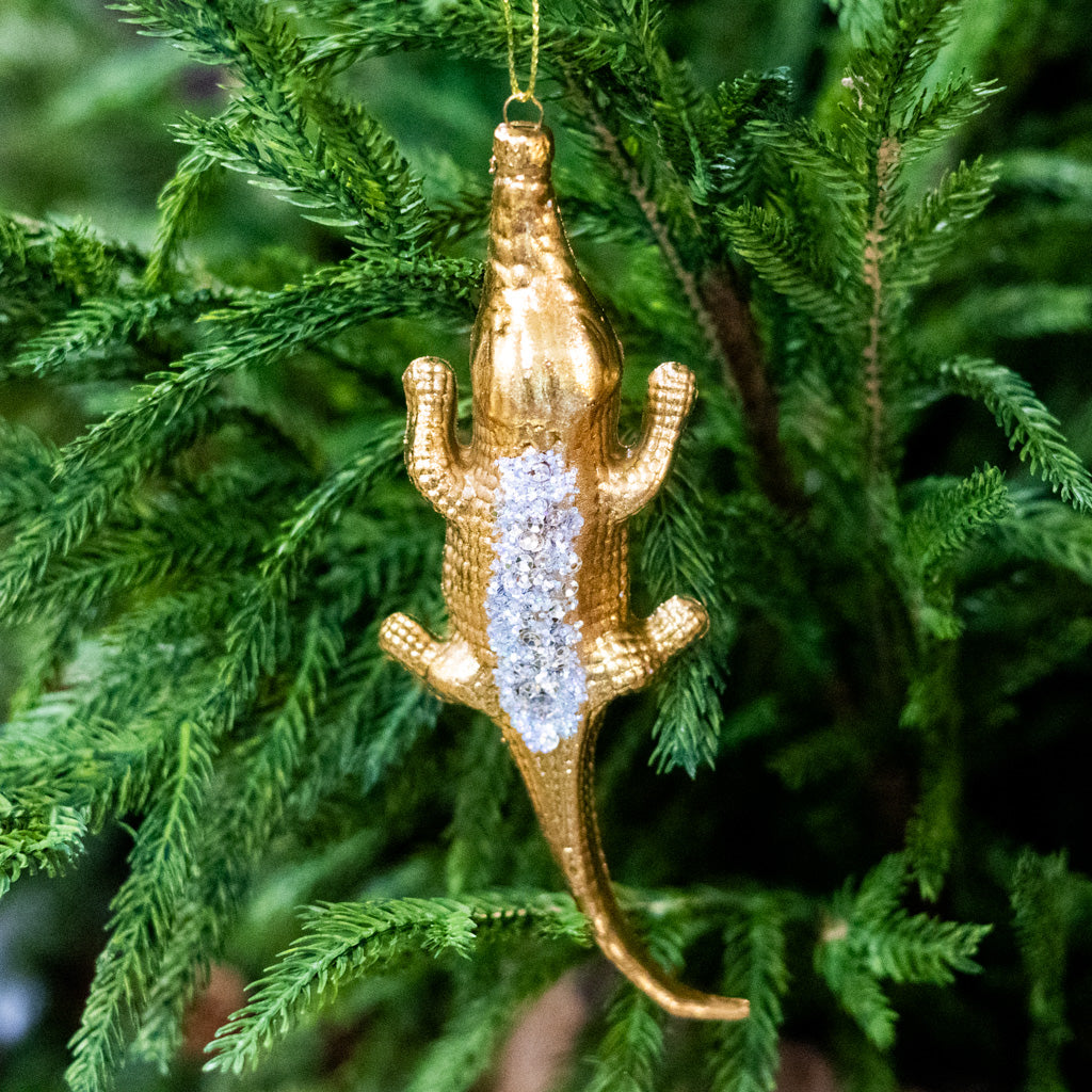 Glass Gold Crocodile with Beaded Back Ornament