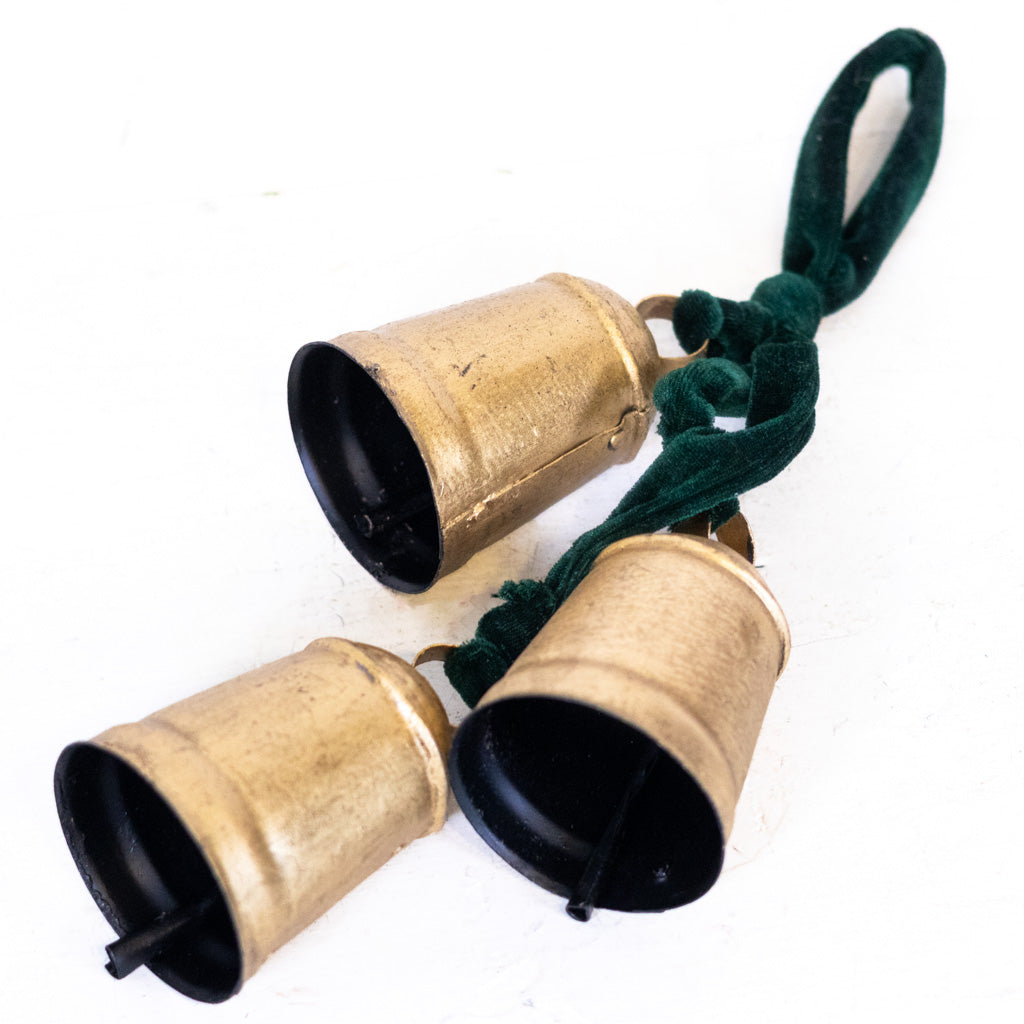 Three Gold Hanging Bells on Green Velvet Ribbon