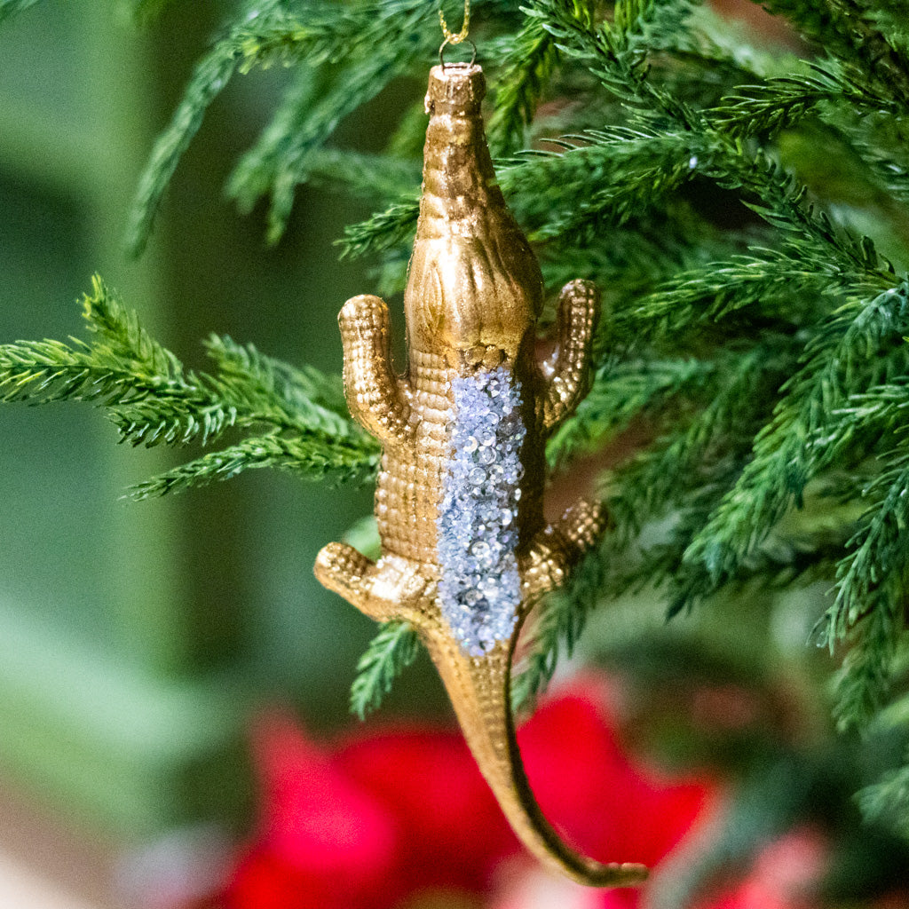Glass Gold Crocodile with Beaded Back Ornament