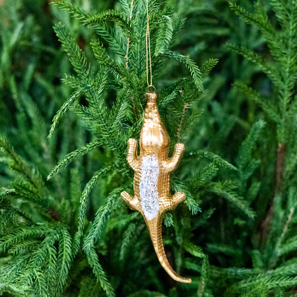 Glass Gold Crocodile with Beaded Back Ornament