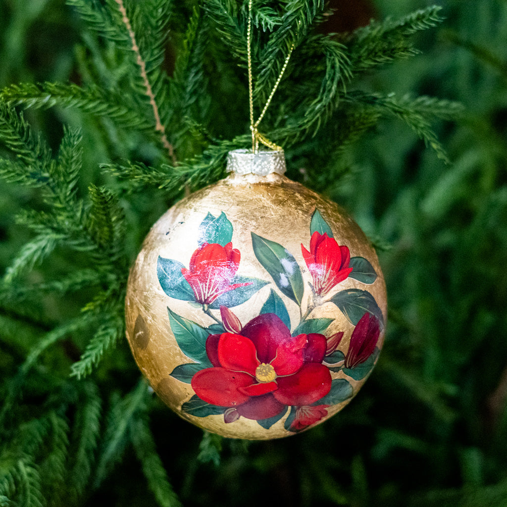 Glass Ball Gold Foil and Red Magnolia Ornament