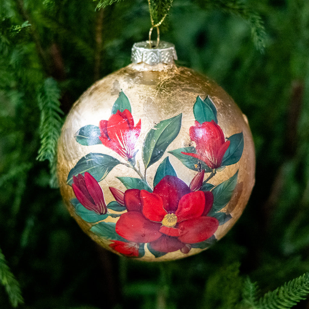 Glass Ball Gold Foil and Red Magnolia Ornament