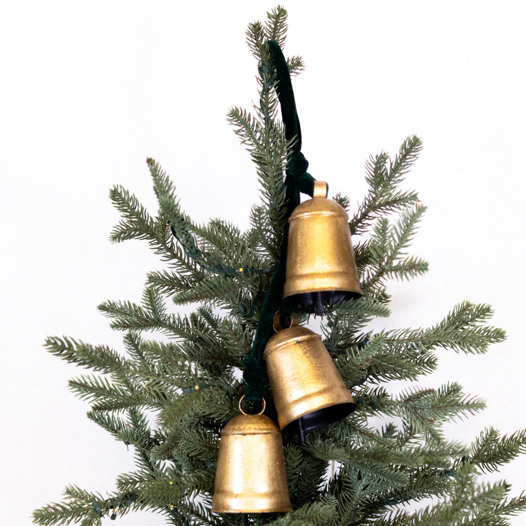 Three Gold Hanging Bells on Green Velvet Ribbon