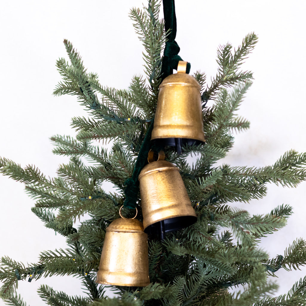 Three Gold Hanging Bells on Green Velvet Ribbon