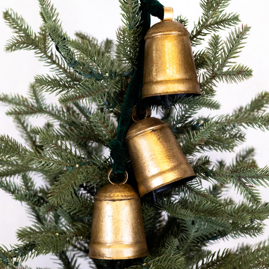 Three Gold Hanging Bells on Green Velvet Ribbon