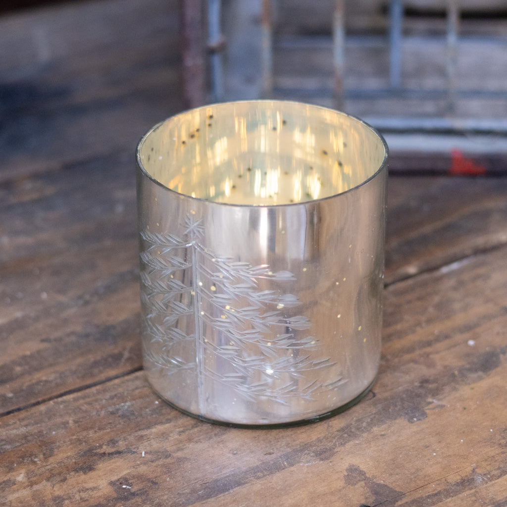 Silver Mercury Glass Candleholder with Christmas Design Motif Small