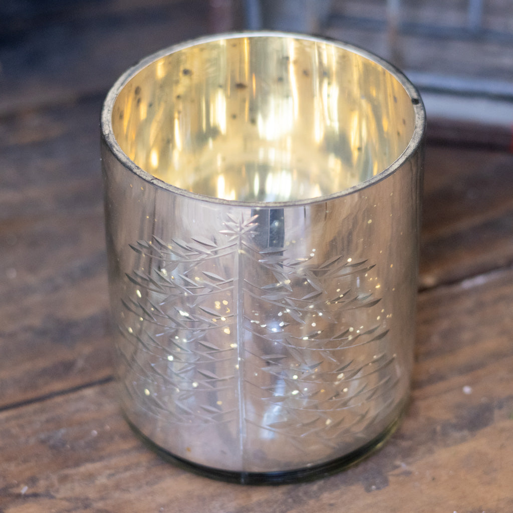 Silver Mercury Glass Candleholder with Christmas Design Motif Medium