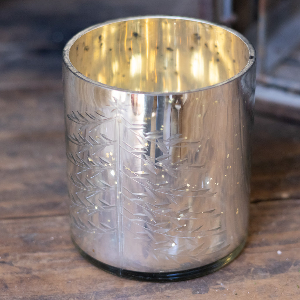 Silver Mercury Glass Candleholder with Christmas Design Motif Medium