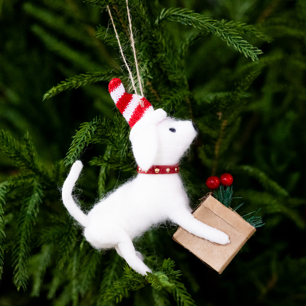 Felt Dog in Red Santa Hat Holding Flower Basket Ornament