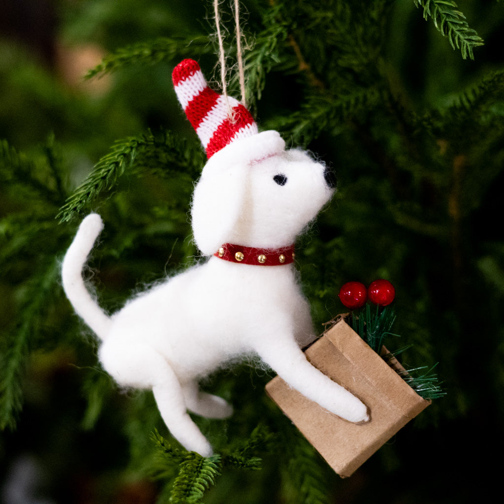 Felt Dog in Red Santa Hat Holding Flower Basket Ornament