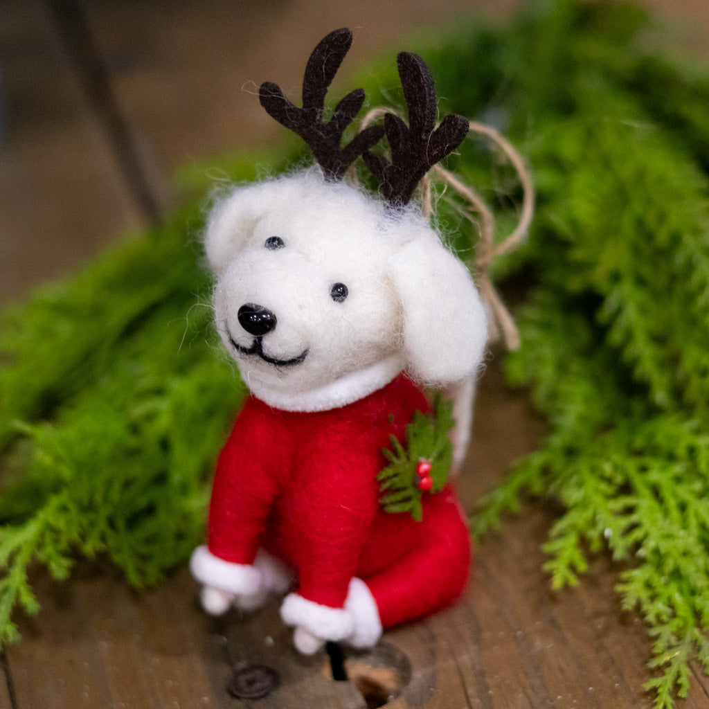 Felt Baby White Puppy in Red Sweater Ornament