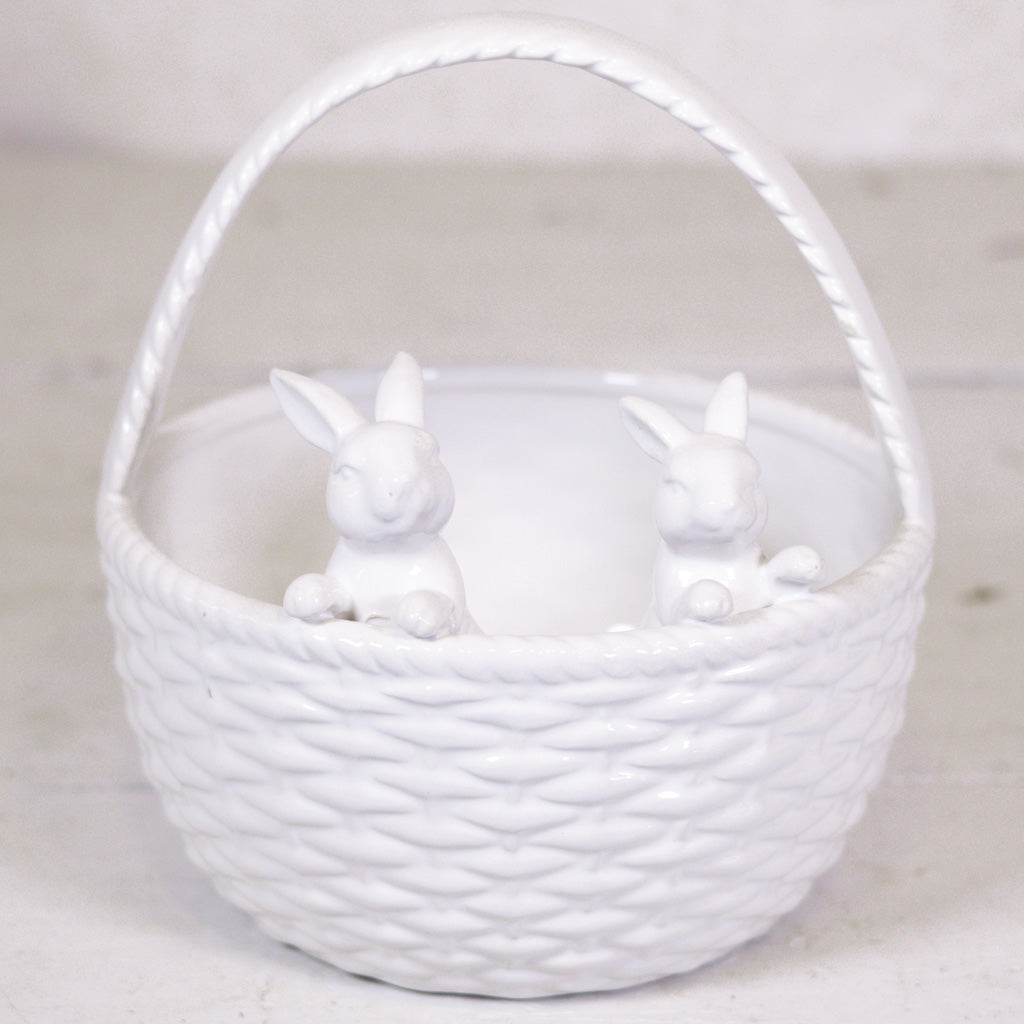 White Ceramic Bunnies with Basket