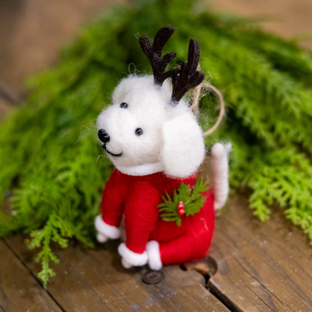 Felt Baby White Puppy in Red Sweater Ornament