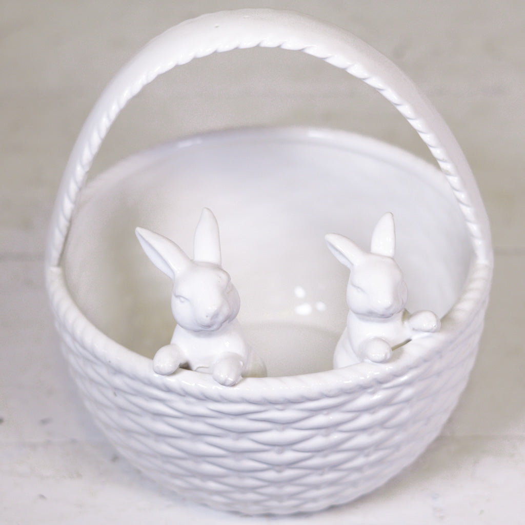 White Ceramic Bunnies with Basket