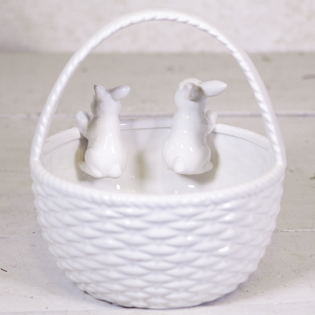 White Ceramic Bunnies with Basket