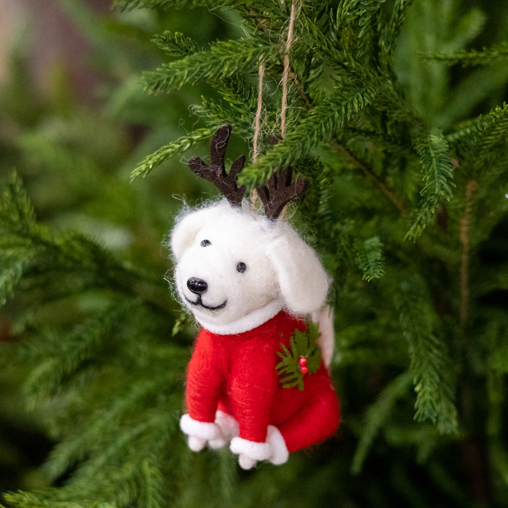 Felt Baby White Puppy in Red Sweater Ornament