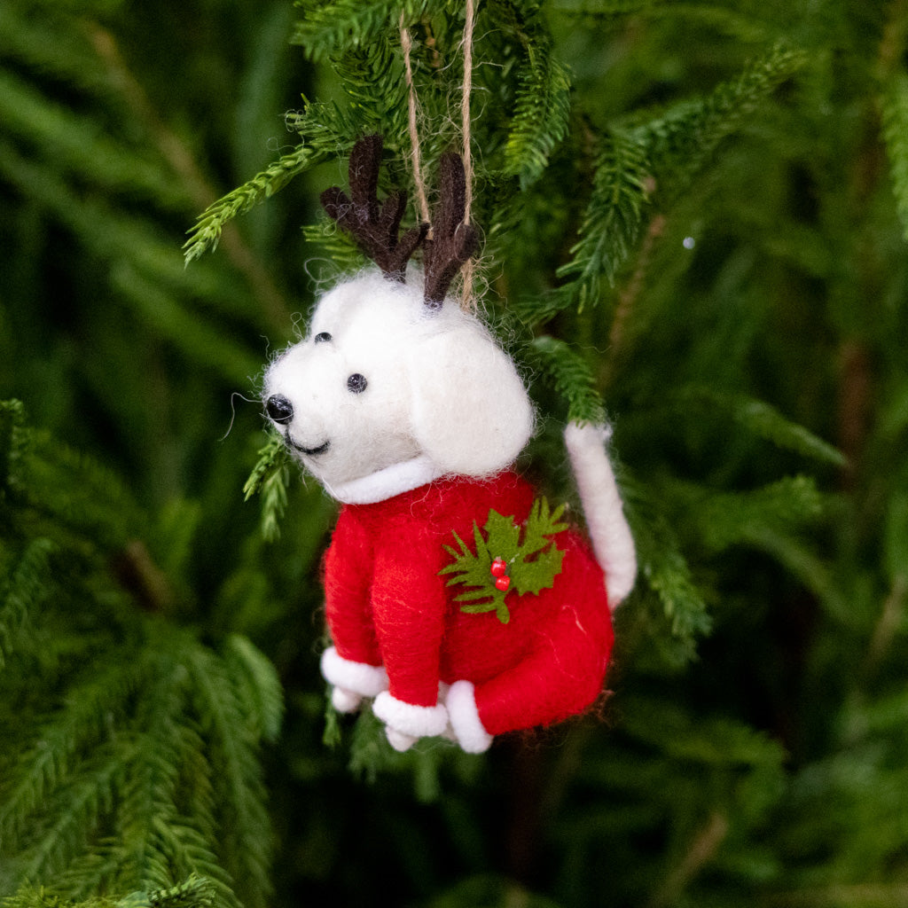 Felt Baby White Puppy in Red Sweater Ornament