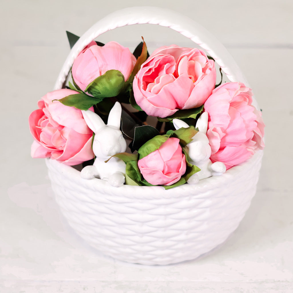 White Ceramic Bunnies with Basket