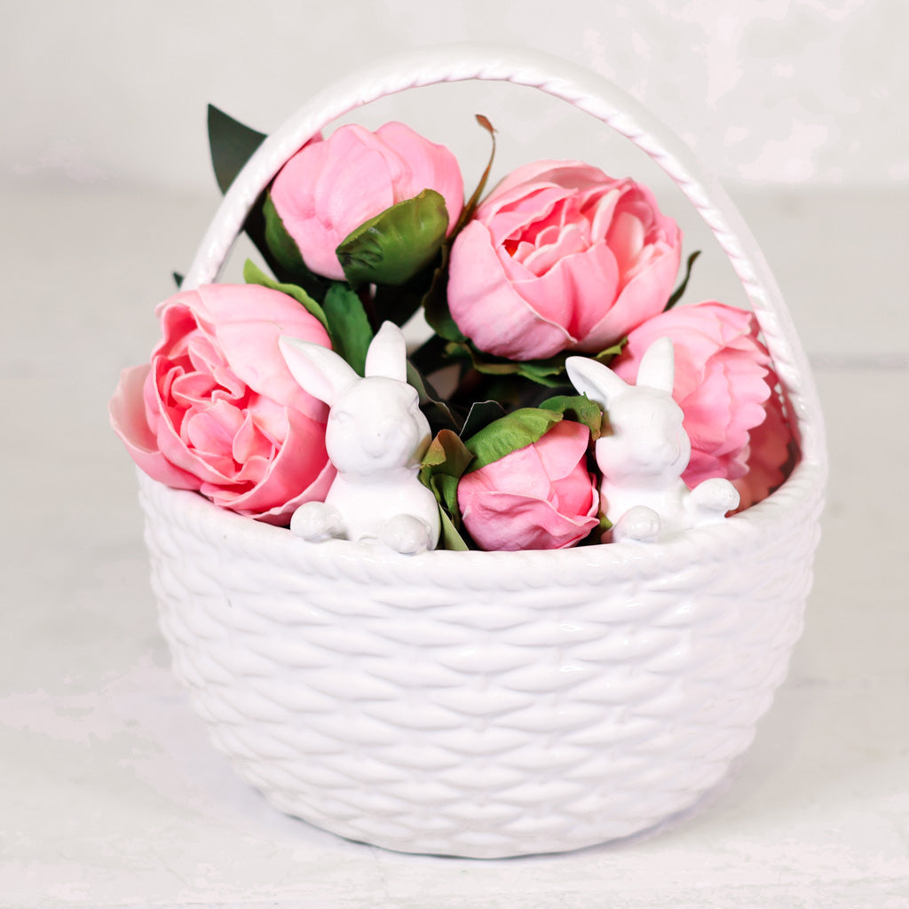 White Ceramic Bunnies with Basket