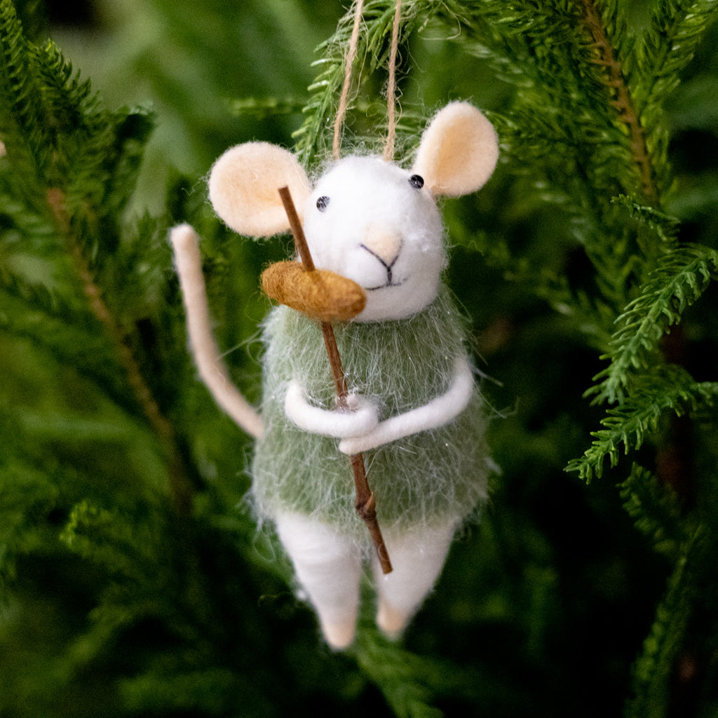 Felt Mouse Roasting a Hot Dog Ornament