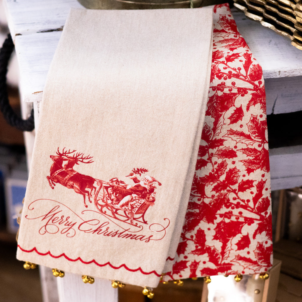 Yuletide Santa on Sleigh Towel with Brass Bells
