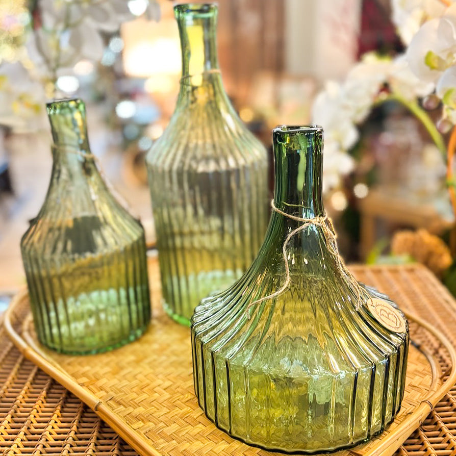 Transparent Green Glass Vertical Ribbed Vase