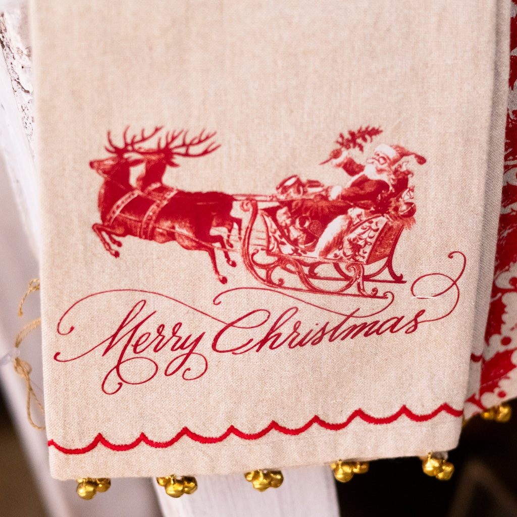 Yuletide Santa on Sleigh Towel with Brass Bells