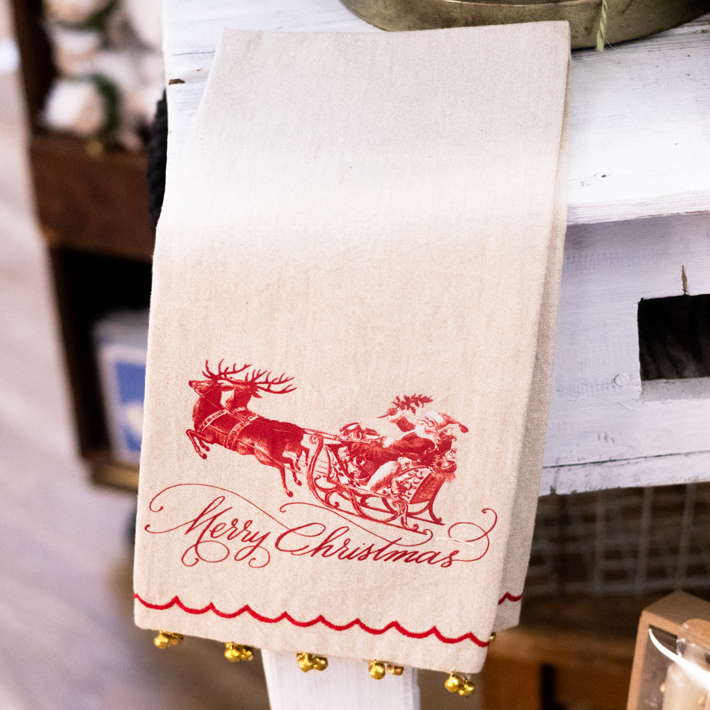 Yuletide Santa on Sleigh Towel with Brass Bells