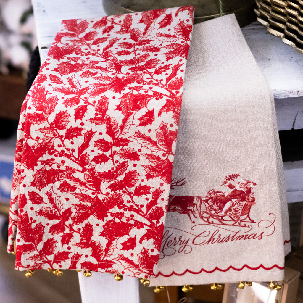 Yuletide Berries and Holly Leaves Towel with Brass Bells