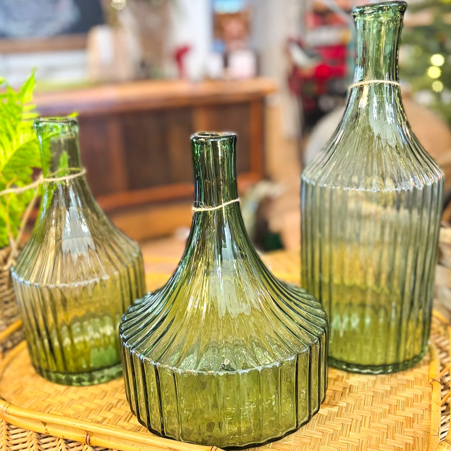 Transparent Green Glass Vertical Ribbed Vase