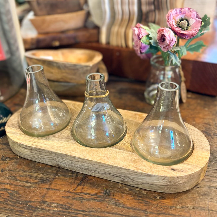 Three Bud Vases on Wood Tray