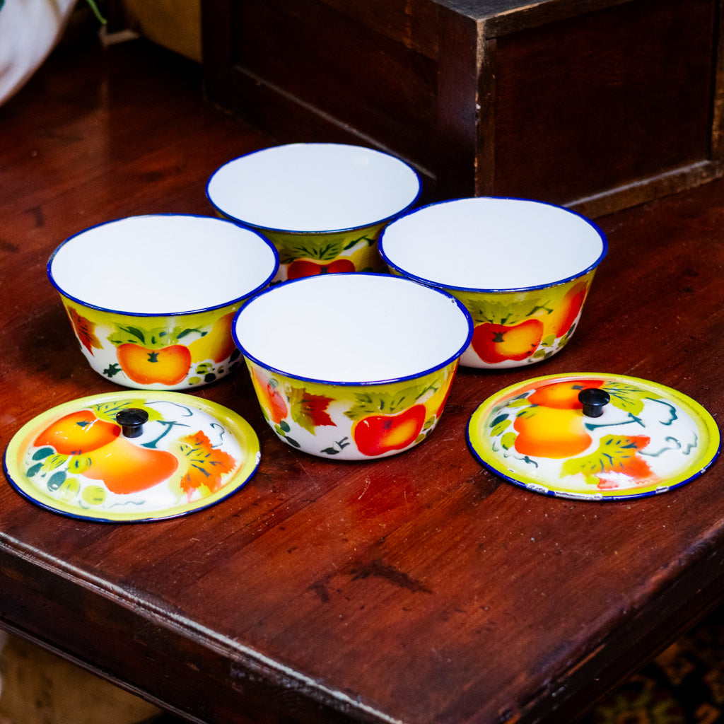 1950's Vintage Enamel Bowls with Lids Set of Two