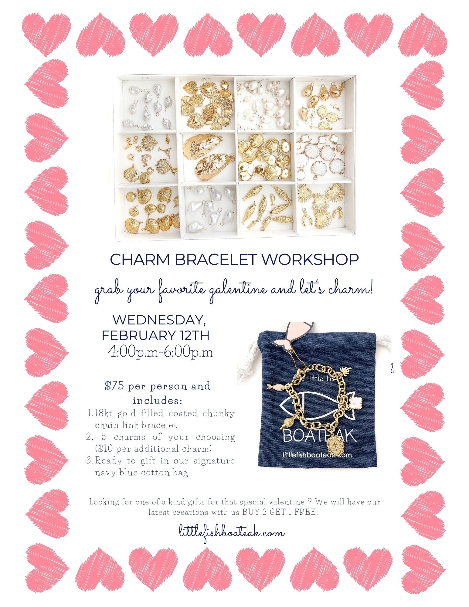 2.12.25 @ 4:00PM | Little Fish Boateak Galentine's Day Bracelet Charm Design Workshop