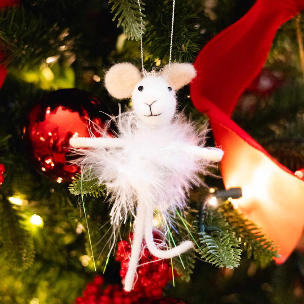 Felt Sugarplum Fairy Mouse with White Feathers, Silver Pearls and Crown Ornament