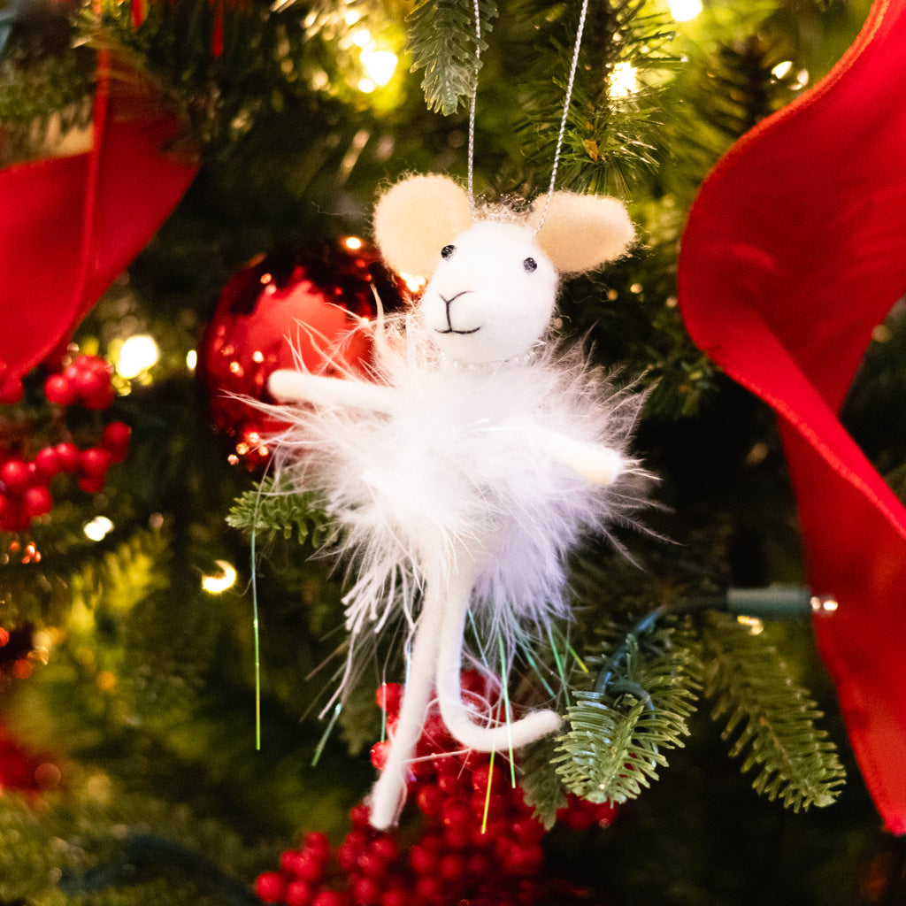 Felt Sugarplum Fairy Mouse with White Feathers, Silver Pearls and Crown Ornament