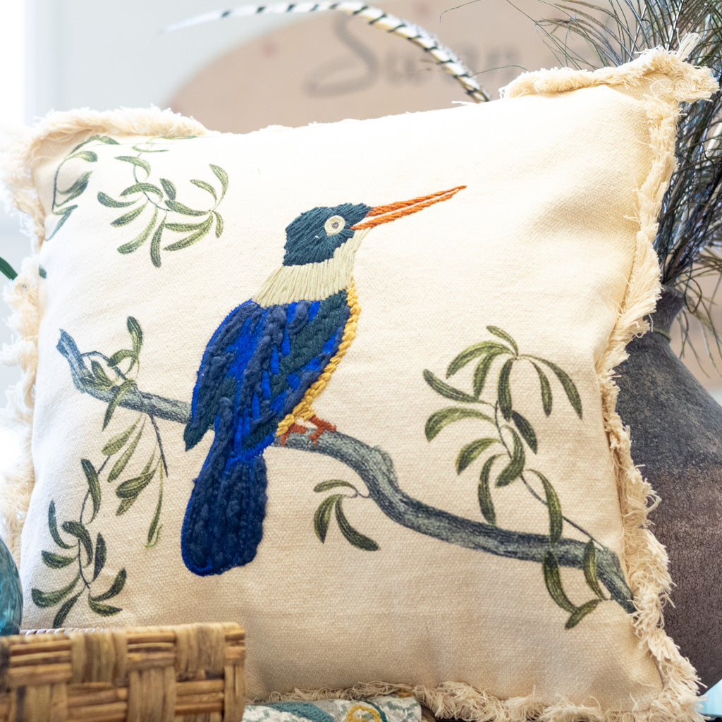 Cotton Printed Pillow with Blue Bird on Branch with Embroidery and Fringe