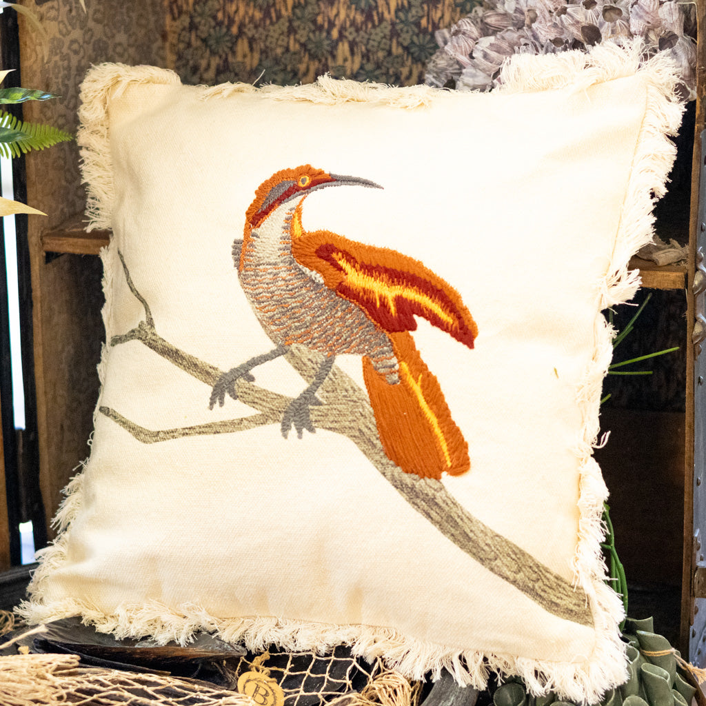 Cotton Printed Pillow with Rust Bird on Branch with Embroidery and Fringe