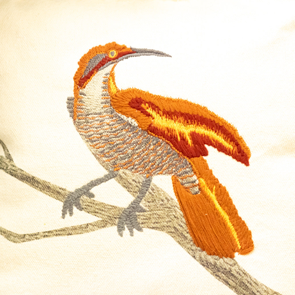 Cotton Printed Pillow with Rust Bird on Branch with Embroidery and Fringe