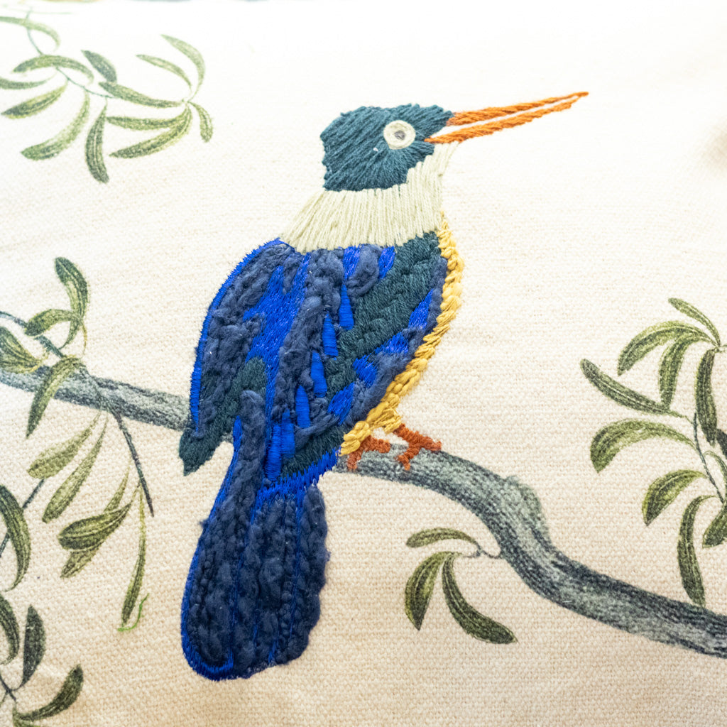 Cotton Printed Pillow with Blue Bird on Branch with Embroidery and Fringe