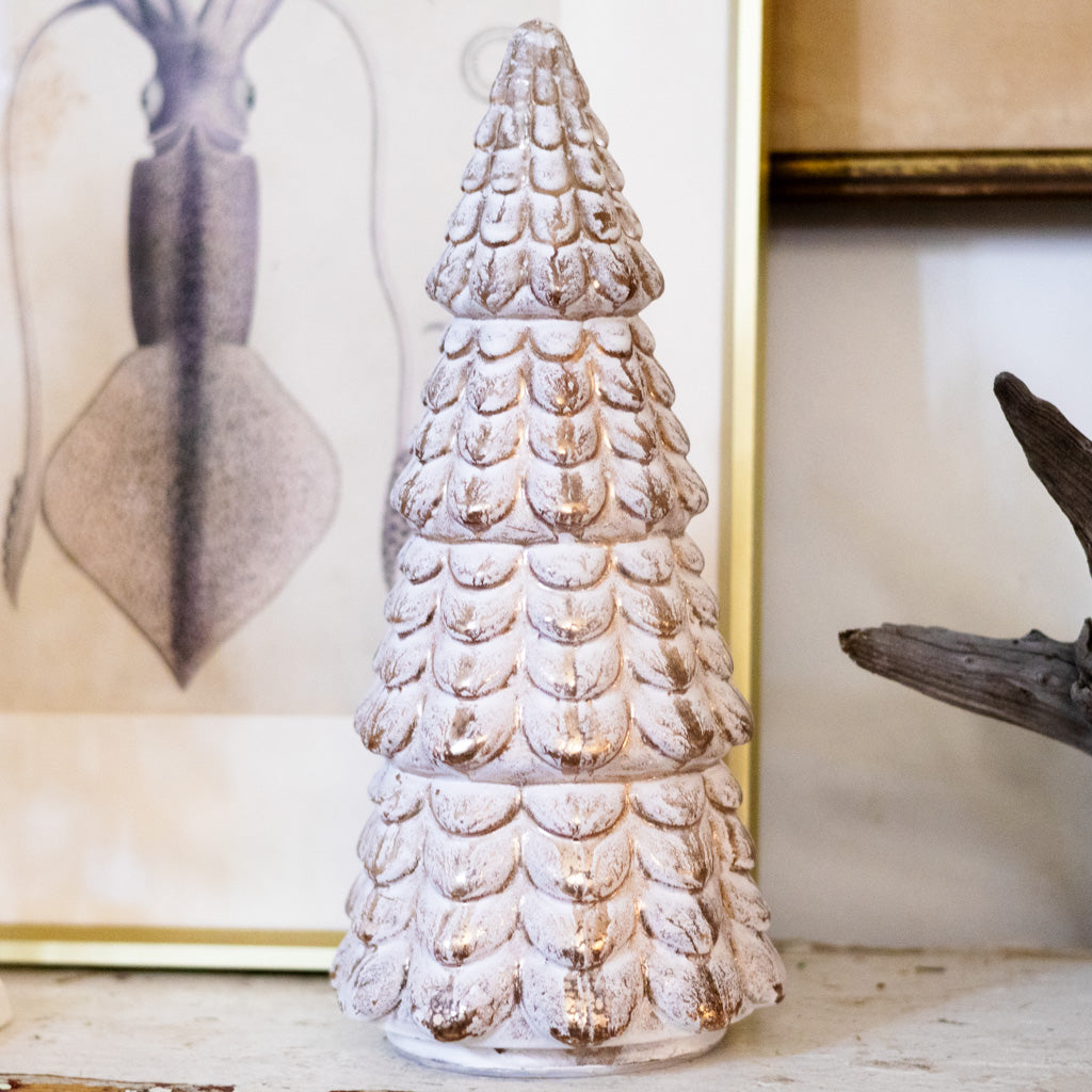 Whitewashed and Gold Ceramic LED Tree with Timer Short
