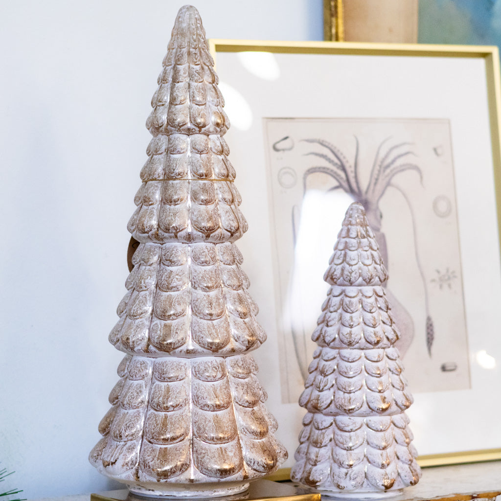 Whitewashed and Gold Ceramic LED Tree with Timer Tall