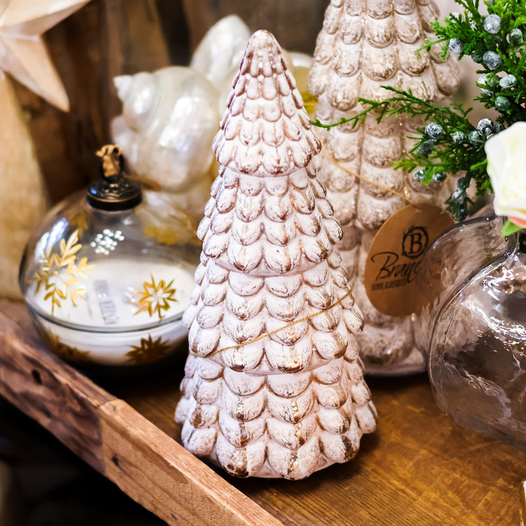 Whitewashed and Gold Ceramic LED Tree with Timer Short