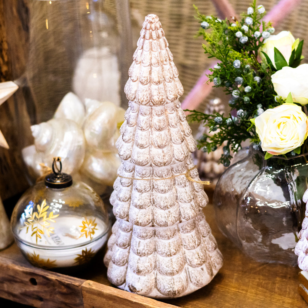 Whitewashed and Gold Ceramic LED Tree with Timer Medium